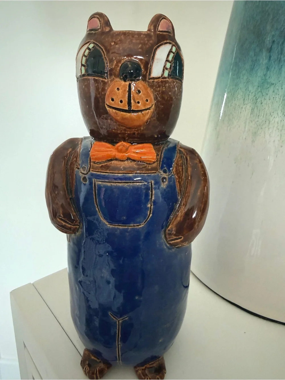 Handmade Pottery Bear Vase Folk Art Blue Overalls Rustic Cabin Decor